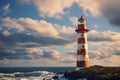 Seaside beacon Majestic lighthouse overlooks the vast and tranquil sea