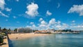 Seaside cityscape of Praia da Ribeira, Cascais. Intimate beach near the train station and popular with tourists