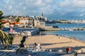 Seaside cityscape of Praia da Ribeira, Cascais. Intimate beach near the train station and popular with tourists