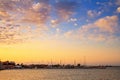 Seaside cityscape at sunset - view of the port in the Old Town of Nessebar