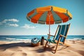 Seaside comfort Beach chair and umbrella on sandy shore scene Royalty Free Stock Photo