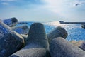 Seaside with concrete breakwater tetrapod