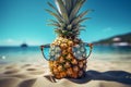 Seaside coolness Sunglasses adorned pineapple on a tropical beach background