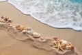 Seaside diagonal background with starfishes and seashells on beige sand and sea waves with foam. AI Generated
