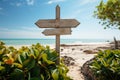 Seaside direction Arrows on wooden sign, beach backdrop, and flourishing plant