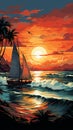 Seaside dreams, Palm trees, sunset beach, yacht on horizon vector arts coastal allure