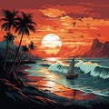 Seaside dreams, Palm trees, sunset beach, yacht on horizon vector arts coastal allure