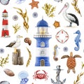 Seaside elements seamless pattern. Watercolor illustration. Hand drawn lighthouse, anchor, pelican, gull, seaweed, crab Royalty Free Stock Photo