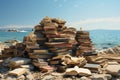 Seaside escape, books stacked, leisurely reading with vast sea backdrop