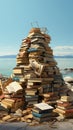 Seaside escape, books stacked, leisurely reading with vast sea backdrop