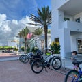 The Seaside, FL Post Office in the square in downtown with bicycles and people mingling around Royalty Free Stock Photo