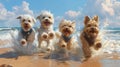 Seaside Frolic Joyous Canines Capturing the Spirit of the Shore a Chibi mini schnauzer, a white bichon fris, a brown French