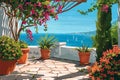 Seaside garden with blooming flowers and ocean view Royalty Free Stock Photo