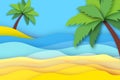 Seaside landscape in paper cut style. Nobody under the green palm trees on Seashore. Time to travel. Tropical beach
