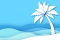 Seaside landscape in paper cut style. Nobody under the palm tree on Seashore. Time to travel. Tropical summer holidays.