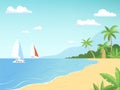 Seaside landscape. Summer beach with palm trees sailboats adventure cartoon outdoor background Royalty Free Stock Photo