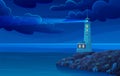 Seaside landscape with white lighthouse on shore and building for lighthouse keeper at night Royalty Free Stock Photo