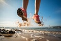 Seaside leap Womans feet in mid air, expressing beach bound exuberance