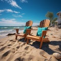 Seaside leisure Chairs on sandy beach beneath blue sky and sunny radiance