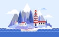 Seaside with lighthouse and yacht vector flat illustration. Ocean or sea beach view. Landscape with hills, boat, forest. Royalty Free Stock Photo