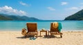 Seaside lounge chairs with hat and bag Royalty Free Stock Photo