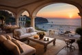 a seaside mediterranean mansion with a large terrace overlooking the ocean Royalty Free Stock Photo