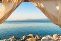 Seaside pergola with curtains in summer morning, travel and holiday background Royalty Free Stock Photo