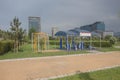 Seaside promenade in Batumi. sidewalk outdoor exercise equipment. Boat on the shore. View of Batumi Boulevard