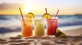 Seaside Refreshments. Exotic Drinks on a Dreamy Sandy Background. Generative AI Royalty Free Stock Photo