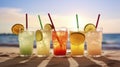 Seaside Refreshments - Exotic summer drinks, blur sandy beach on background. Generative AI Royalty Free Stock Photo