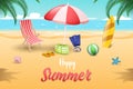 Seaside relax vector banner template. Water sports tools, scuba diving, surfing equipment on sandy beach. Seashells Royalty Free Stock Photo