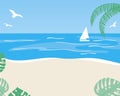 Seaside resort as a template for copy space, flat vector stock illustration with palms on the beach, sea, ocean with yacht Royalty Free Stock Photo