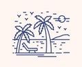 Seaside resort vacation vector lineart illustration. Linear palm trees on beach with deckchair. Summertime relax concept