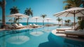 Seaside Retreat Luxurious Swimming Pool and Loungers with Umbrellas, Framed by Palm Trees and Blue Sky near the Beach. created