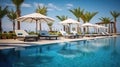 Seaside Retreat Luxurious Swimming Pool and Loungers with Umbrellas, Framed by Palm Trees and Blue Sky near the Beach. created