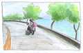 Seaside road with trees and bike. Handdrawn illustration seaview. Summer travel road landscape pencil sketch.