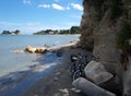 The seaside rock and beach.