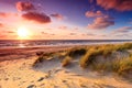 Seaside with sand dunes at sunset