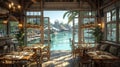 Seaside seafood restaurant with dockside views and nautical decor3D render