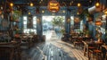Seaside seafood restaurant with dockside views and nautical decor3D render