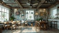 Seaside seafood restaurant with dockside views and nautical decor3D render