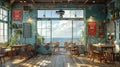Seaside seafood restaurant with dockside views and nautical decor3D render