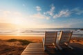 Seaside serenity Bench on beach at golden sunset, tranquil beauty