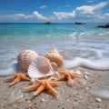 Seaside serenity Crystal clear water, seashells, and starfish on beach