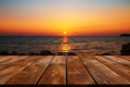 Seaside serenity An empty table with a stunning, blurred sea sunset