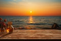 Seaside serenity An empty table with a stunning, blurred sea sunset