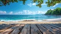 Seaside Serenity: High Quality Photo of Wooden Table Against Blue Sky and Island Background Royalty Free Stock Photo