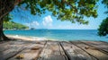 Seaside Serenity: High Quality Photo of Wooden Table Against Blue Sky and Island Background Royalty Free Stock Photo