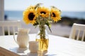 Seaside Serenity, Sunflower Vase Gracing a White Table Royalty Free Stock Photo