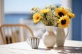 Seaside Serenity, Sunflower Vase Gracing a White Table Royalty Free Stock Photo